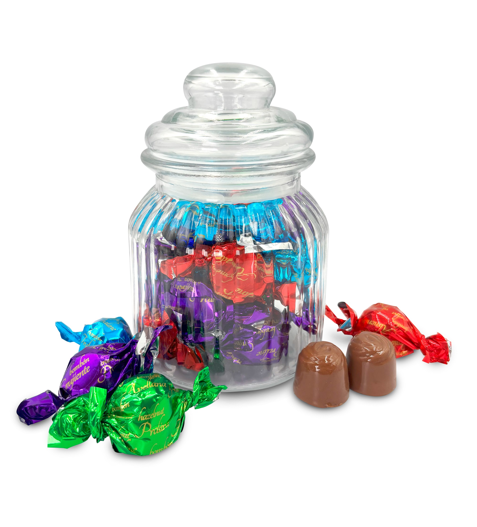 BOMBONERA DE VIDRIO CON BOMBONES SURTIDOS 200 gr.