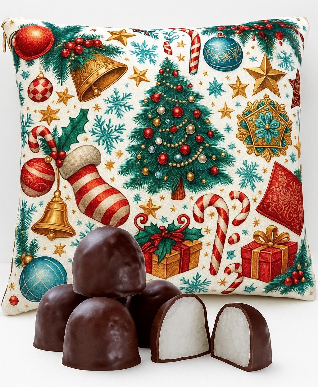COJÍN MANTA BOLAS DE NAVIDAD CON BOMBONES   LAKI-CHOC 200 gr.