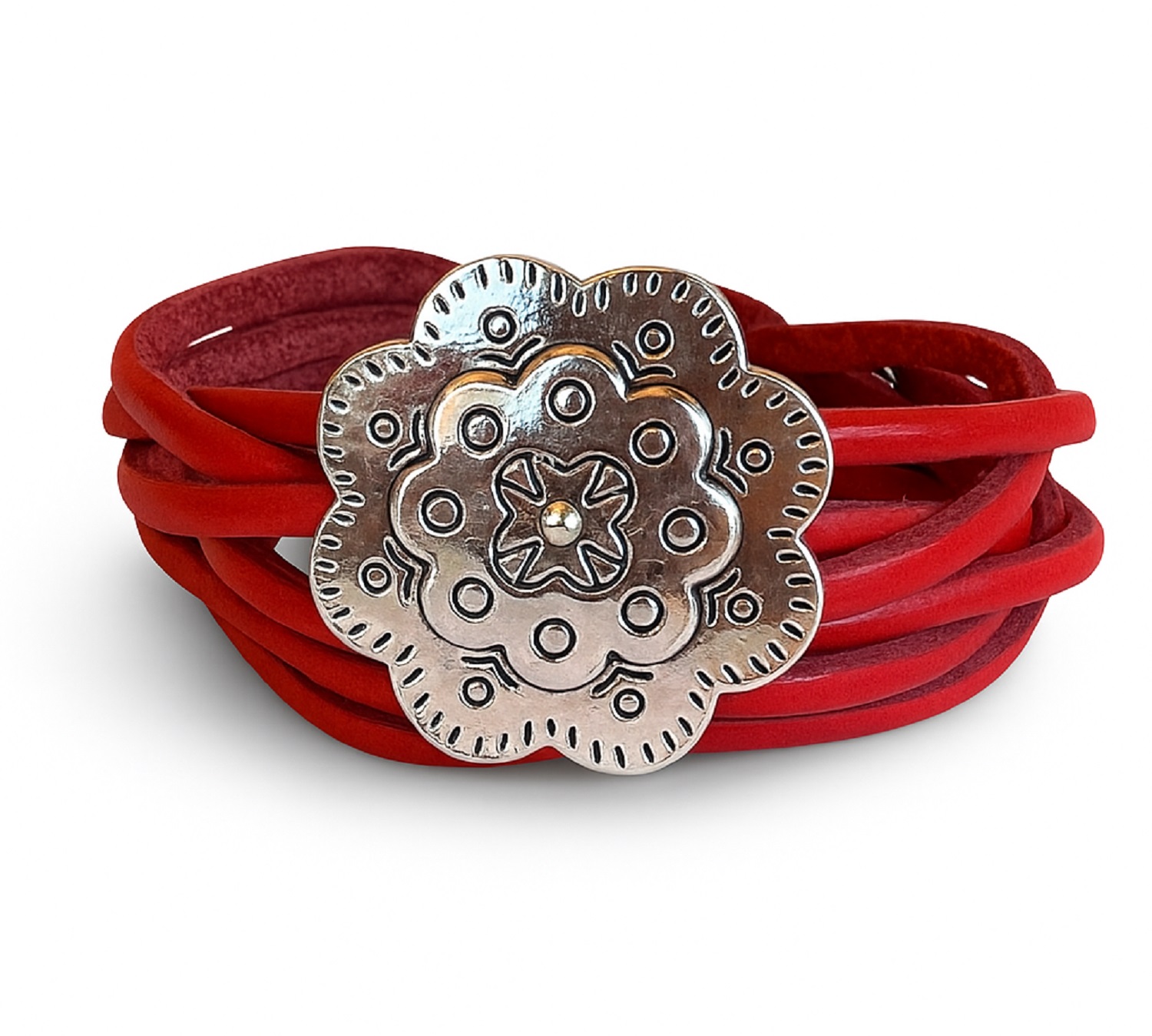 PULSERA CUERO MULTICOLOR ROJA