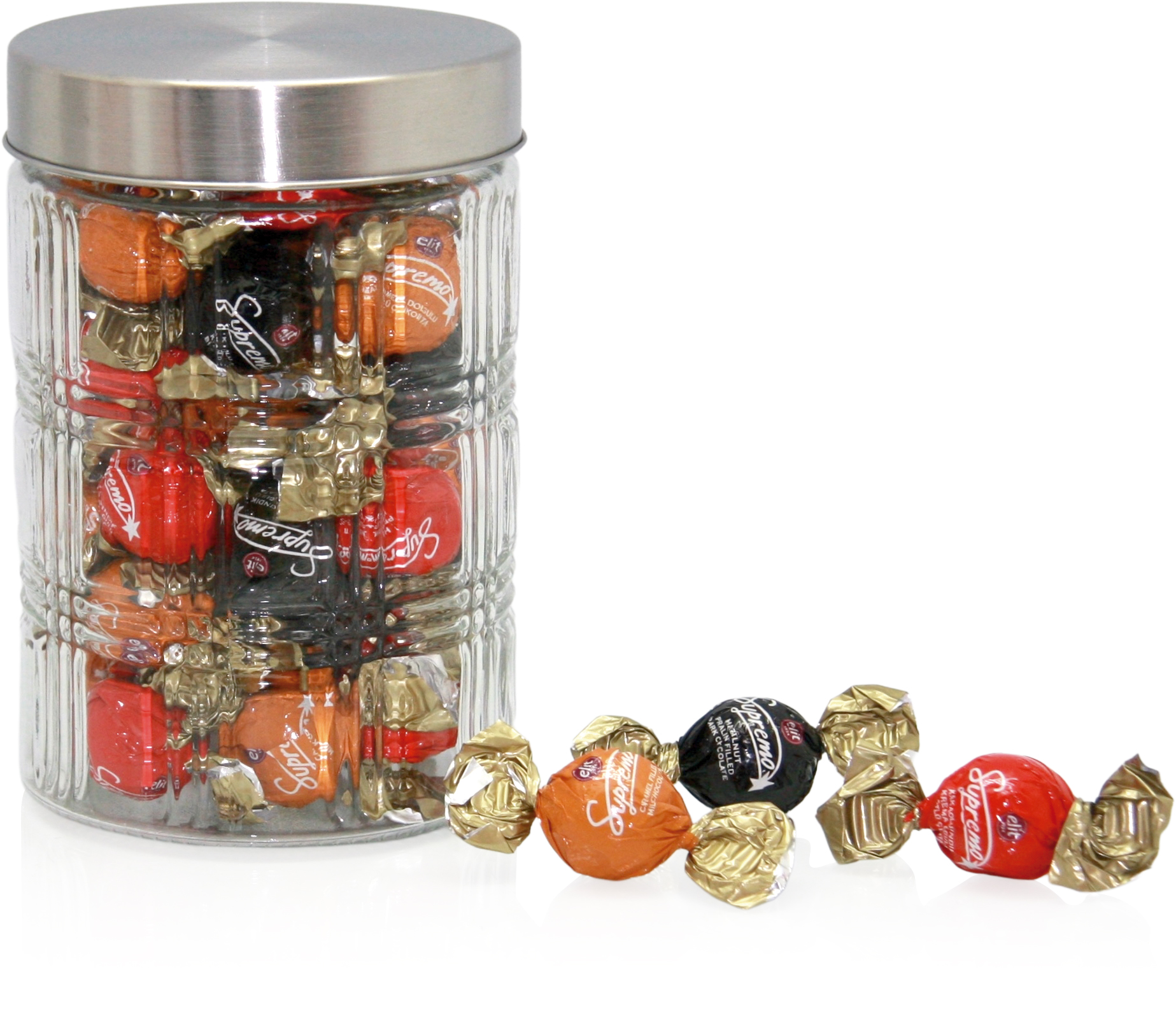 TARRO CRISTAL CON BOMBONES “SUPREMO” DE PRALINÉ 400gr.