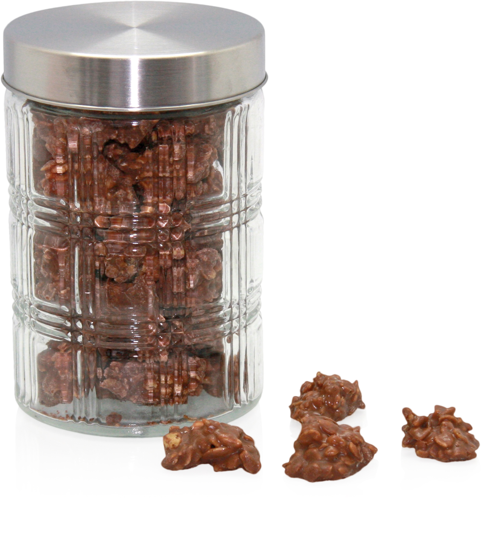 TARRO CRISTAL CON ROCAS DE CHOCOLATE CON LECHE CON ALMENDRAS Y CEREALES  500 gr.