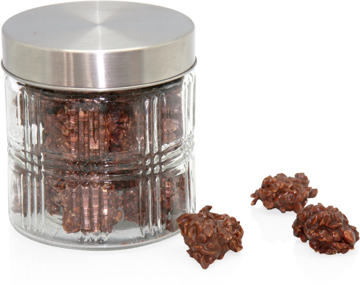 TARRO CRISTAL CON ROCAS DE CHOCOLATE NEGRO CON ALMENDRAS Y CEREALES  250 gr.